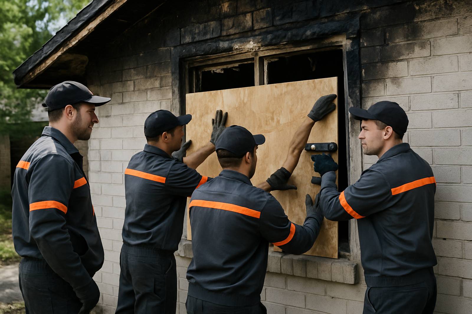Crew during a board up of broken windows on a fire damaged Miami house