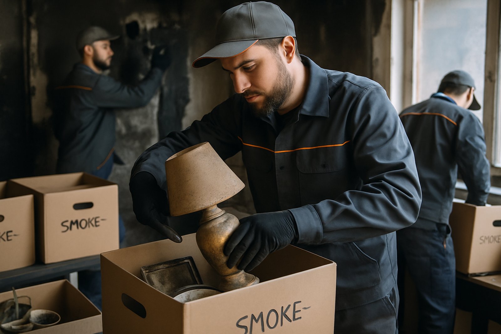 Technician during contents cleaning packing smoke damaged belongings into boxes in Miami