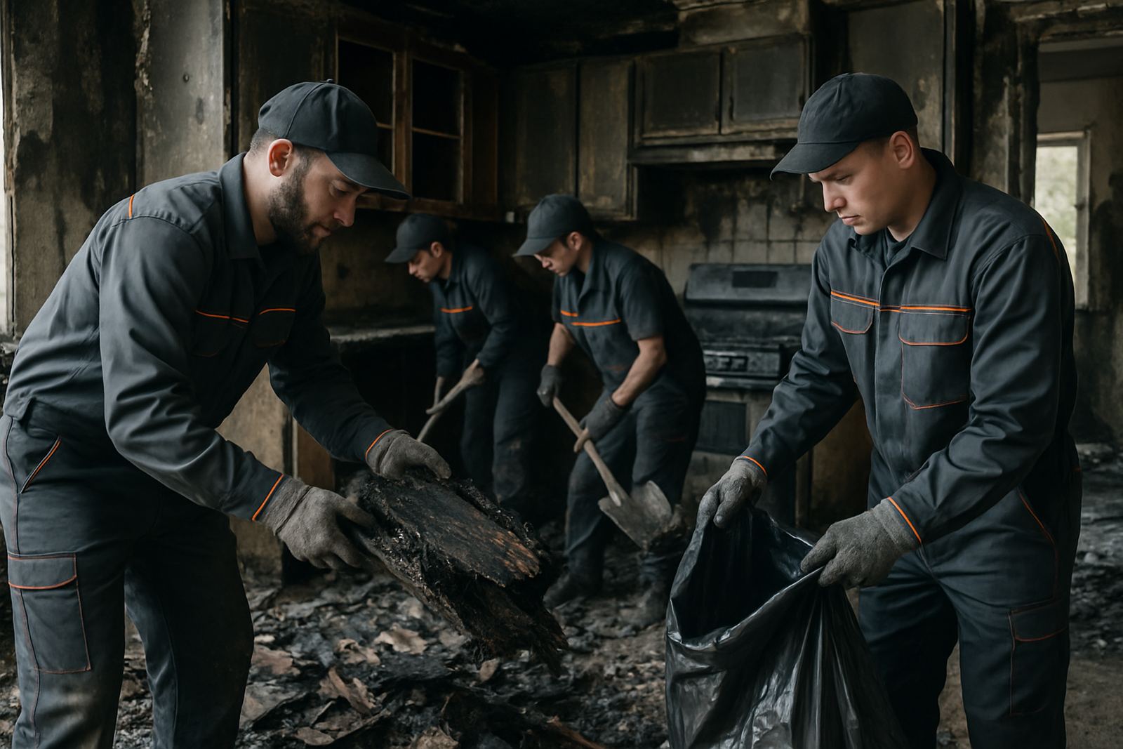 Crew during a fire damage cleanup removing charred debris in a Miami kitchen