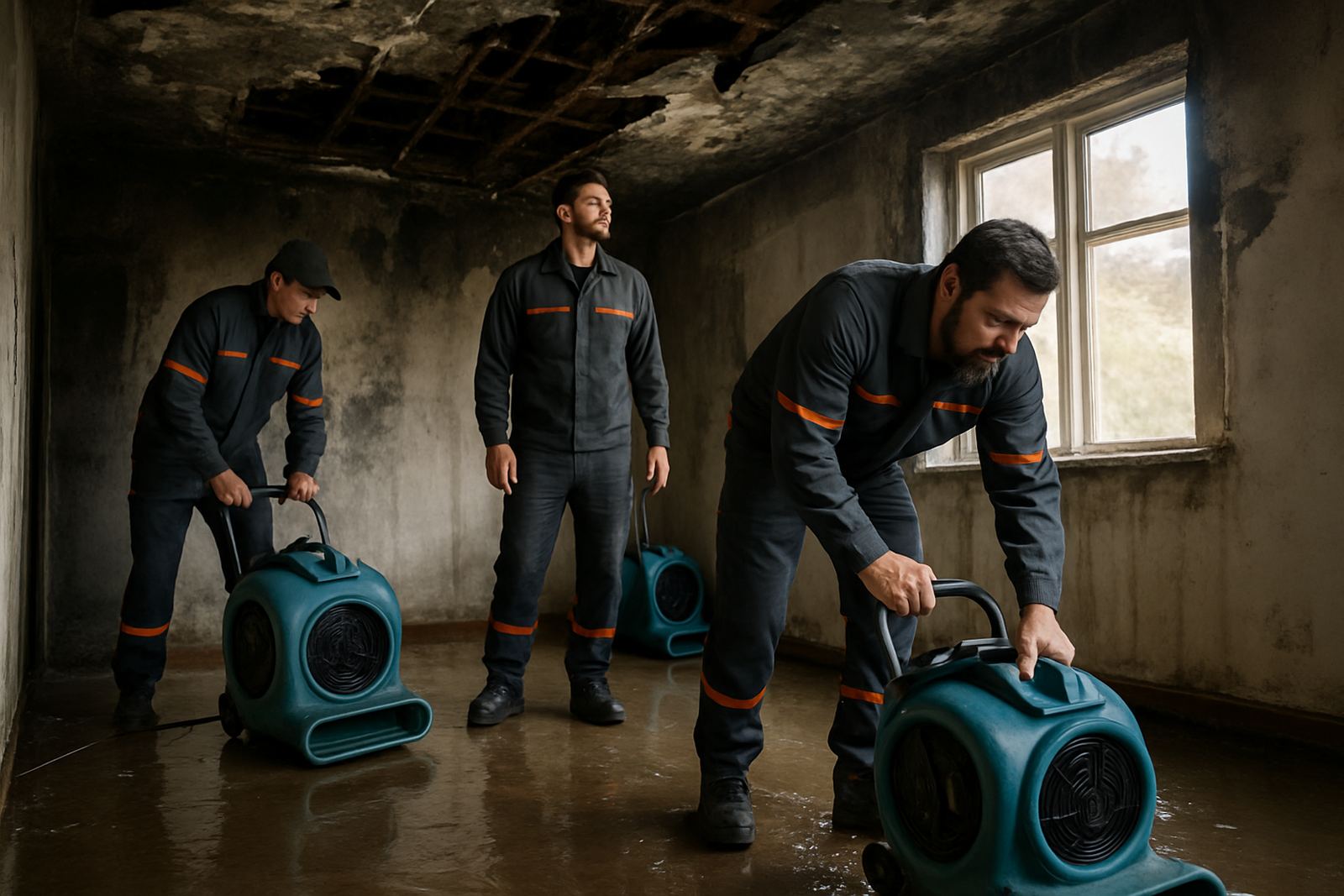 Drying equipment set up for fire and water damage below a burned ceiling in a Miami home