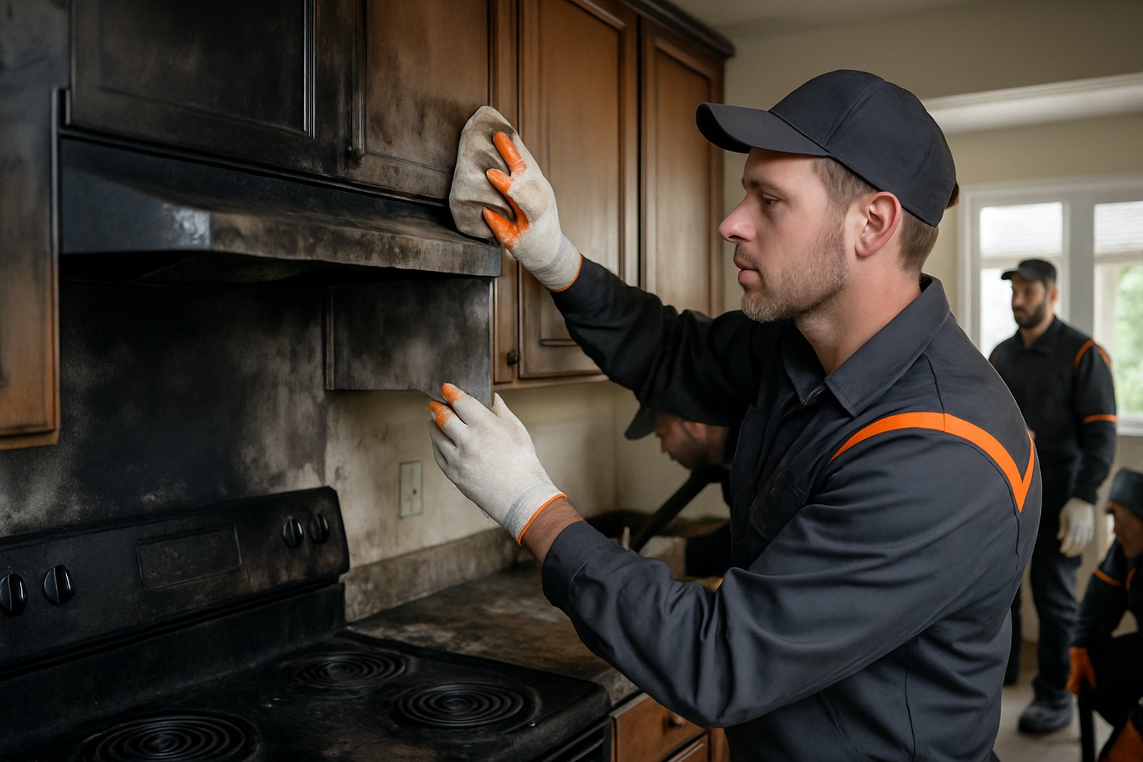 Kitchen fire cleanup of smoke stained cabinets after a stove fire in a Miami home