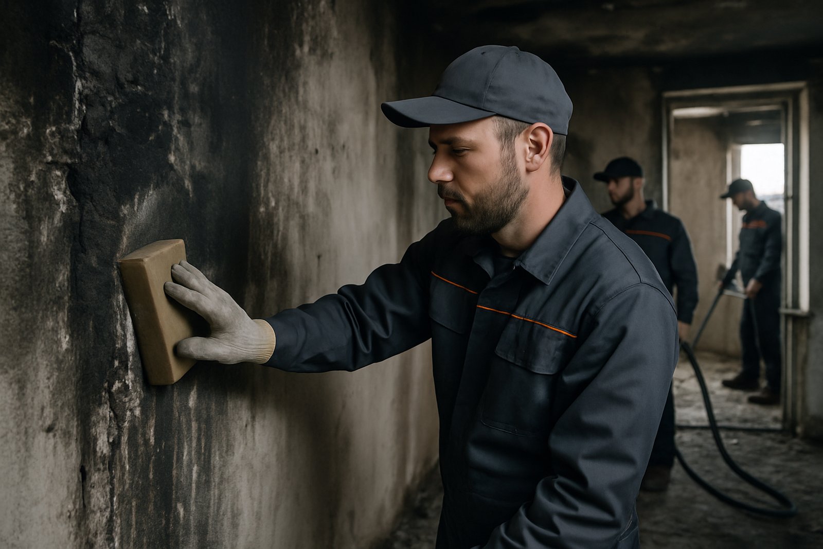 Technician removing soot from a smoke damage wall in a Miami home